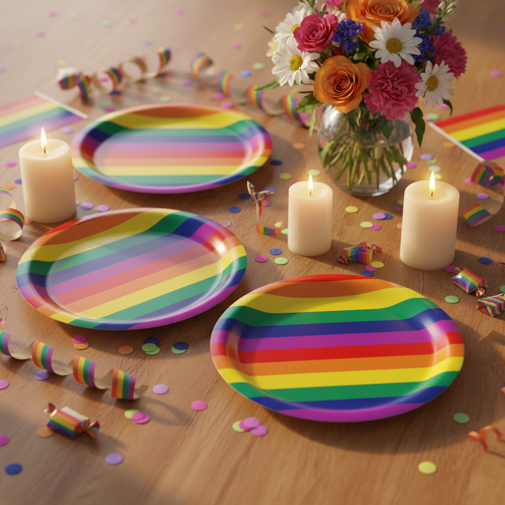 Three rainbow-striped plates arranged on a confetti-covered party table
