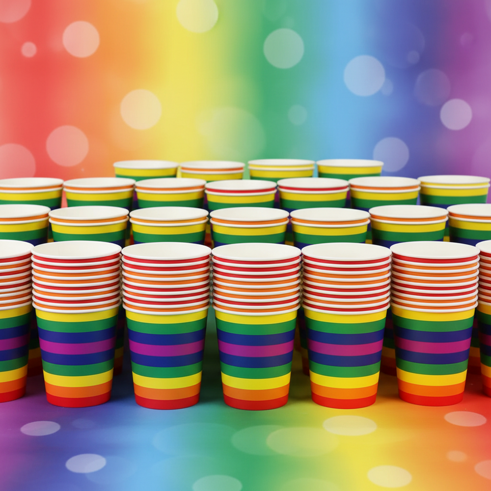Rows of rainbow-striped paper cups, with stacked cups in front against a colorful backdrop