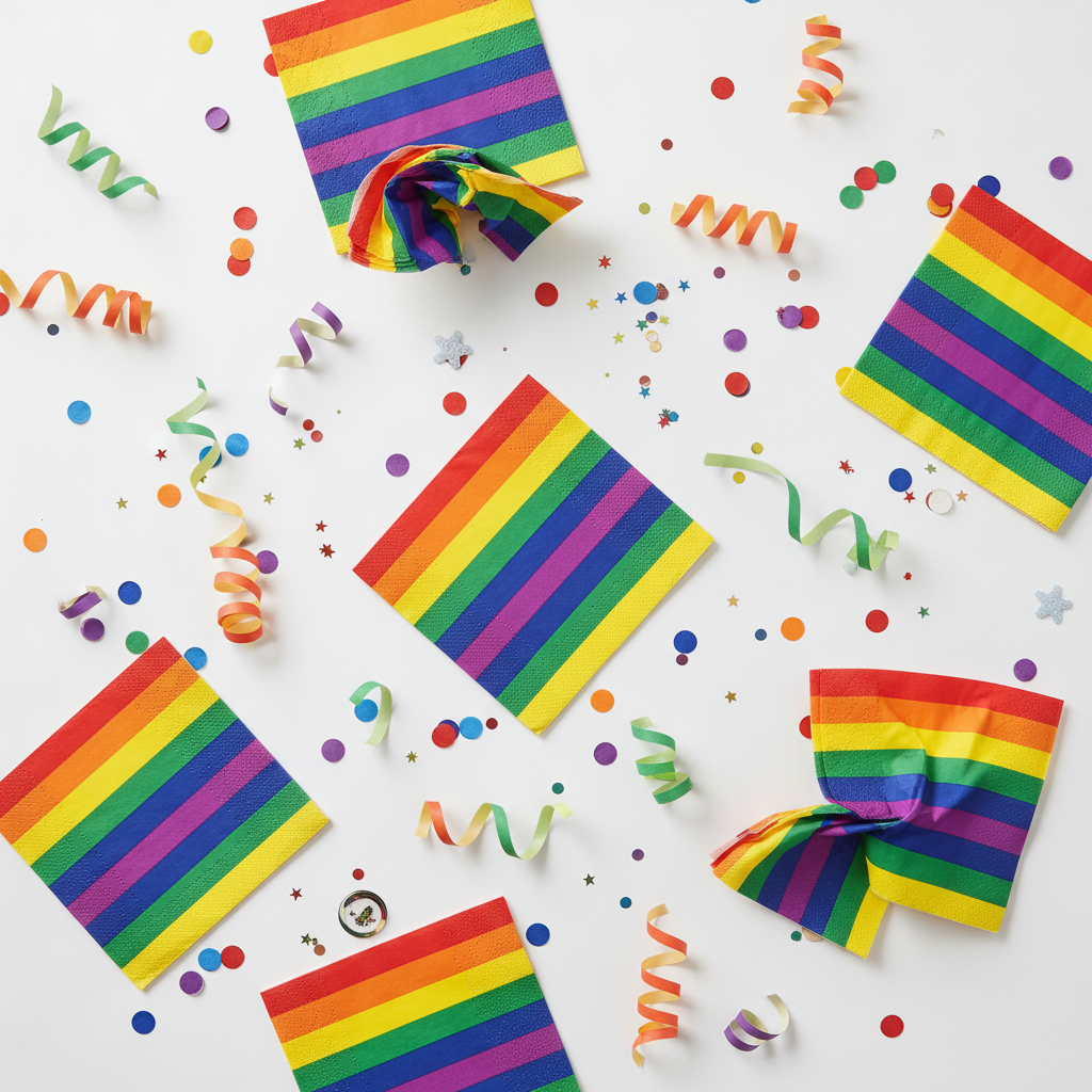 Overhead view of rainbow-striped paper napkins scattered with colorful party confetti and streamers
