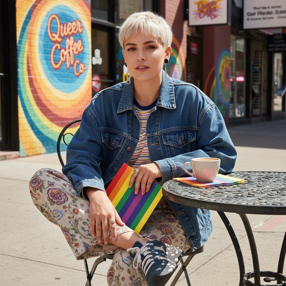 An androgynous person with a notebook featuring the Rainbow Pride Party 40 Piece Napkins, showcasing vibrant rainbow colors