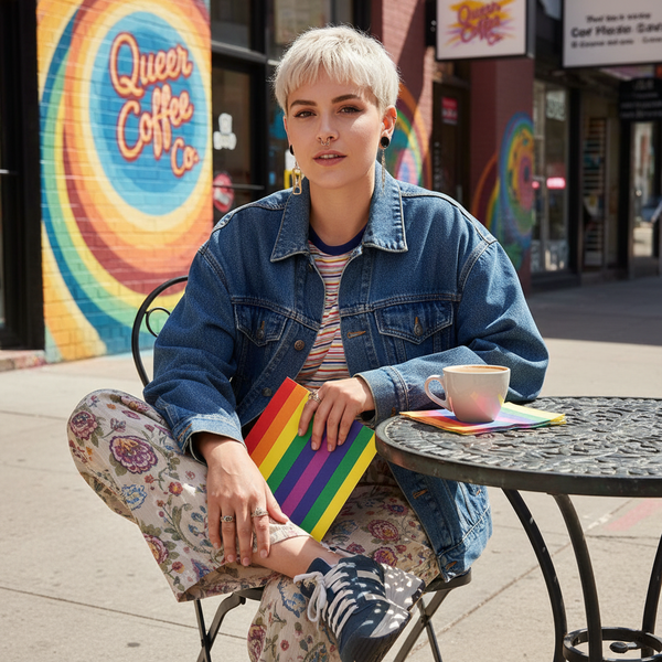 An androgynous person with a notebook featuring the Rainbow Pride Party 40 Piece Napkins, showcasing vibrant rainbow colors