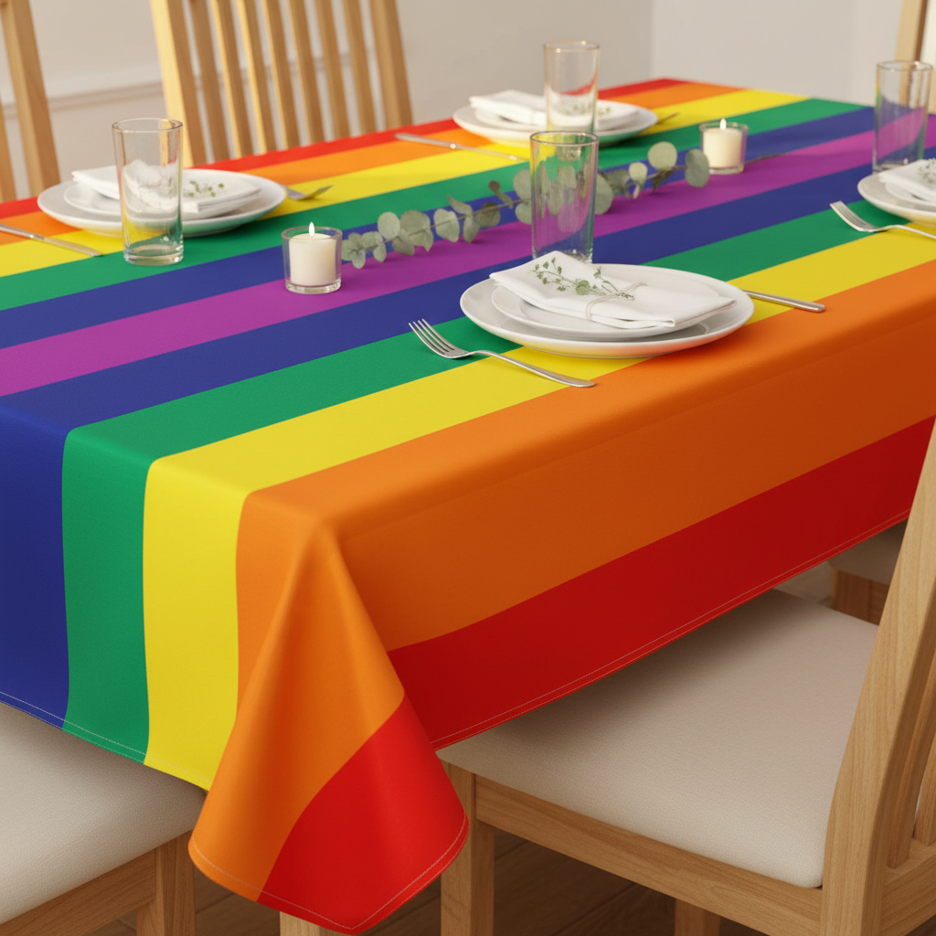 Rainbow Pride Party Tablecloth in red, orange, yellow, green, blue