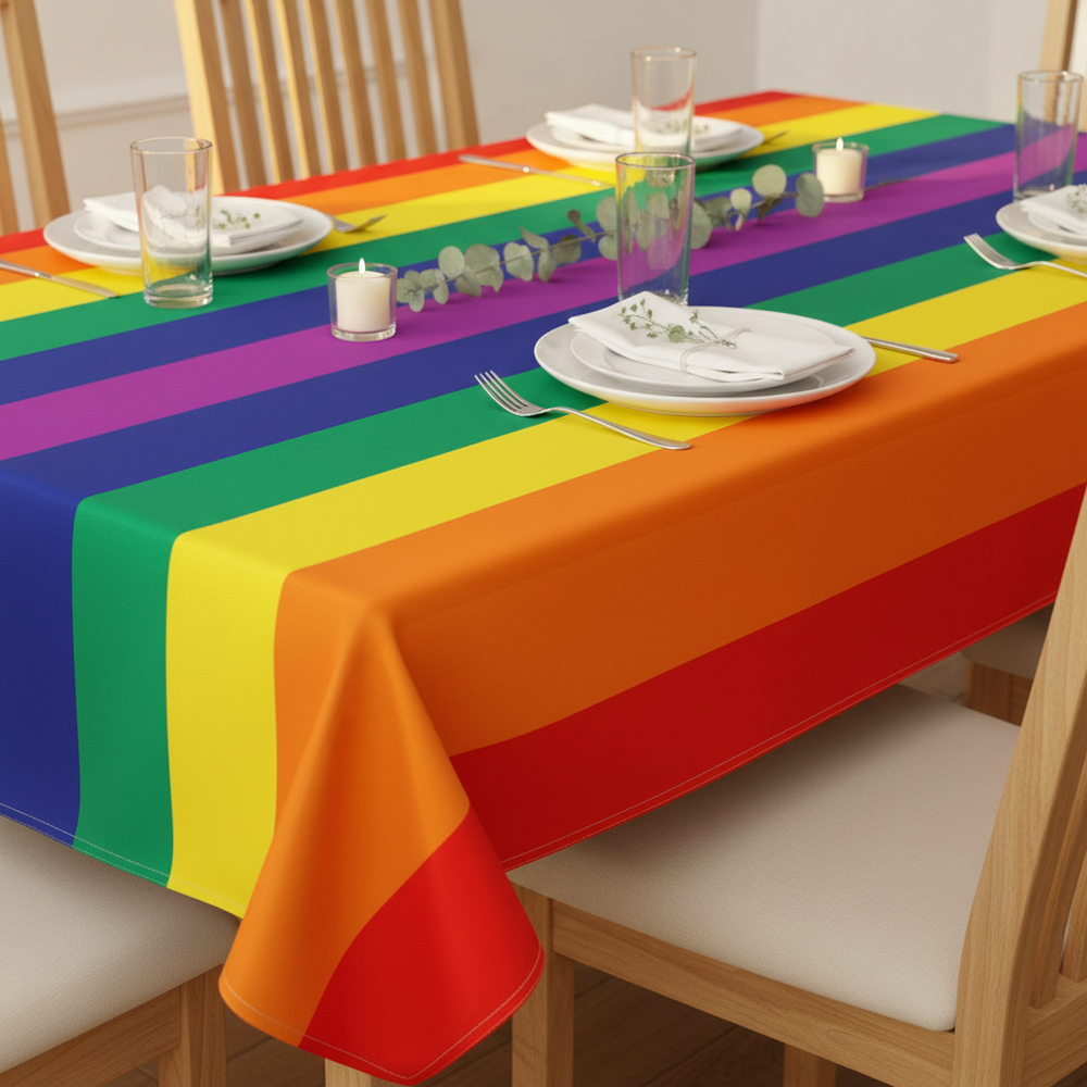 Rainbow Pride Party Tablecloth in red, orange, yellow, green, blue