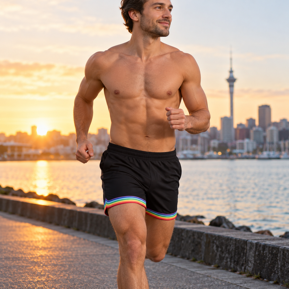 Rainbow Pride Running Shorts — Black — adult model in a square fashion photograph.