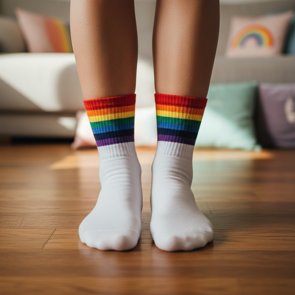 A person on a wooden floor wears white cotton Rainbow Pride Socks with rainbow-striped tops