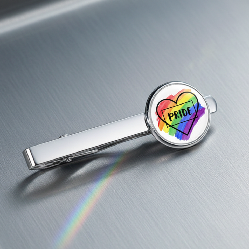 Rainbow Pride tie clip with a round brushed metal top, rainbow-outlined heart, and bold "PRIDE" text