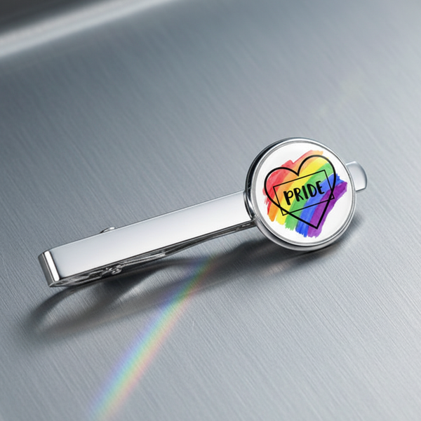 Rainbow Pride tie clip with a round brushed metal top, rainbow-outlined heart, and bold 