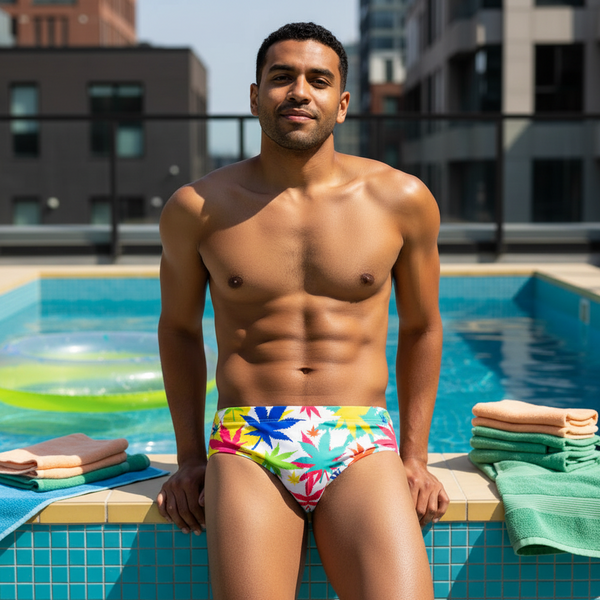A person with short dark hair, smiling and relaxed, sits by a rooftop pool in Rainbow Rapture Swim Briefs