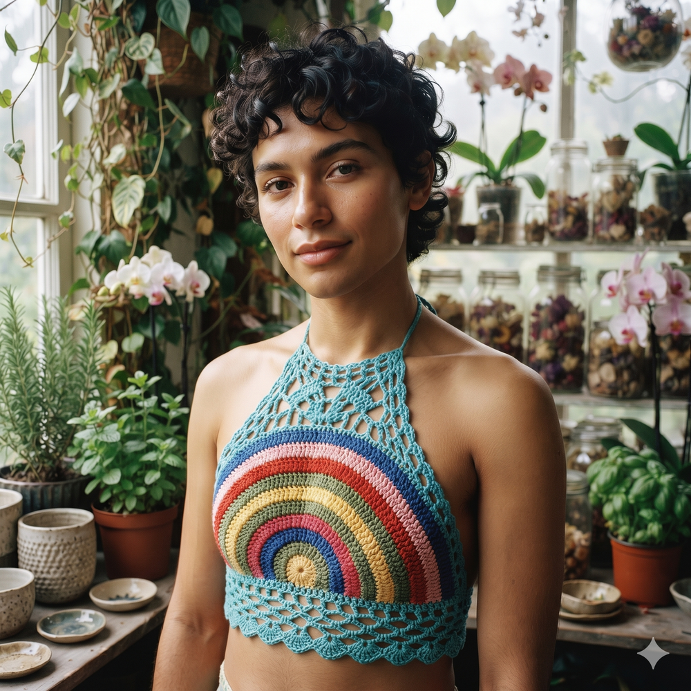 Front-facing model wearing a turquoise crochet halter top with a multicolored rainbow motif