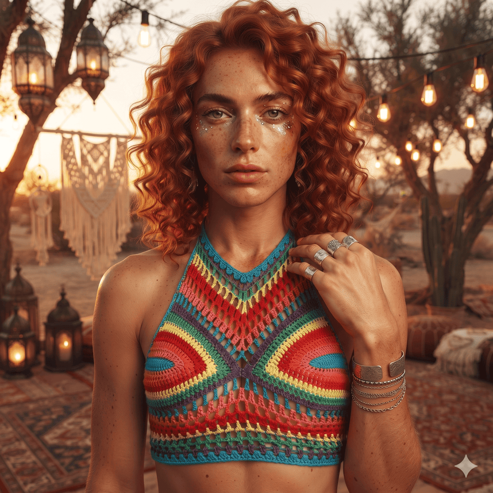 Front-facing model wearing a colorful rainbow crochet halter crop top outdoors