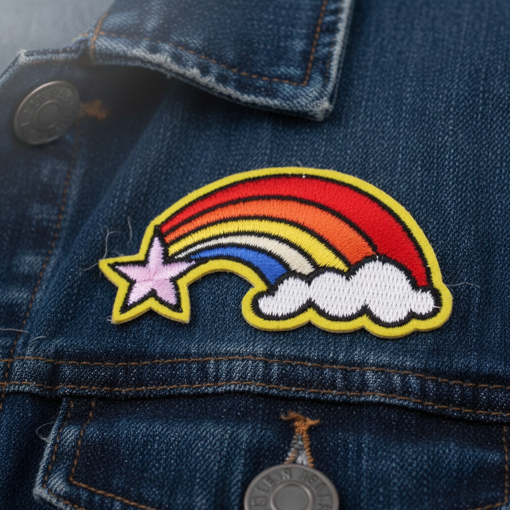 Rainbow Shooting Star Iron-On Embroidered Patch with rainbow, clouds