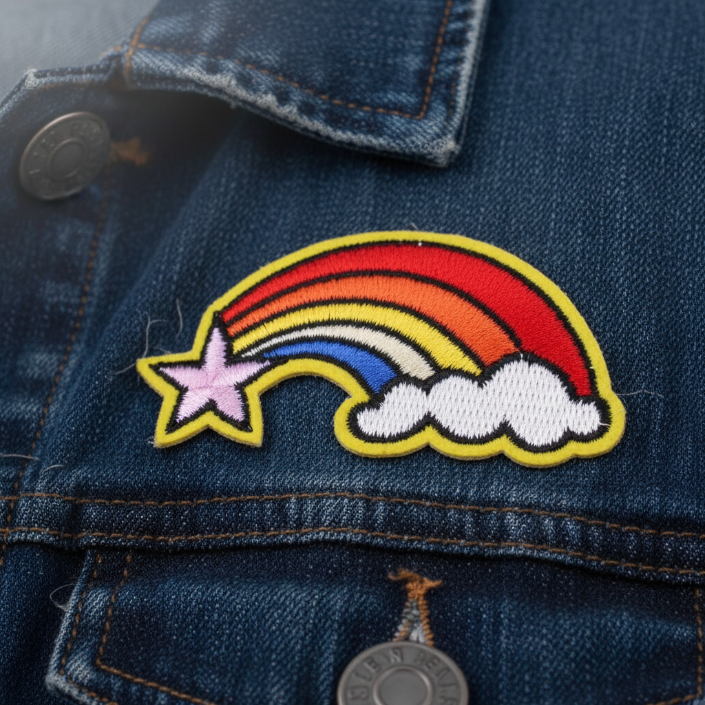 Rainbow Shooting Star Iron-On Embroidered Patch with rainbow, clouds