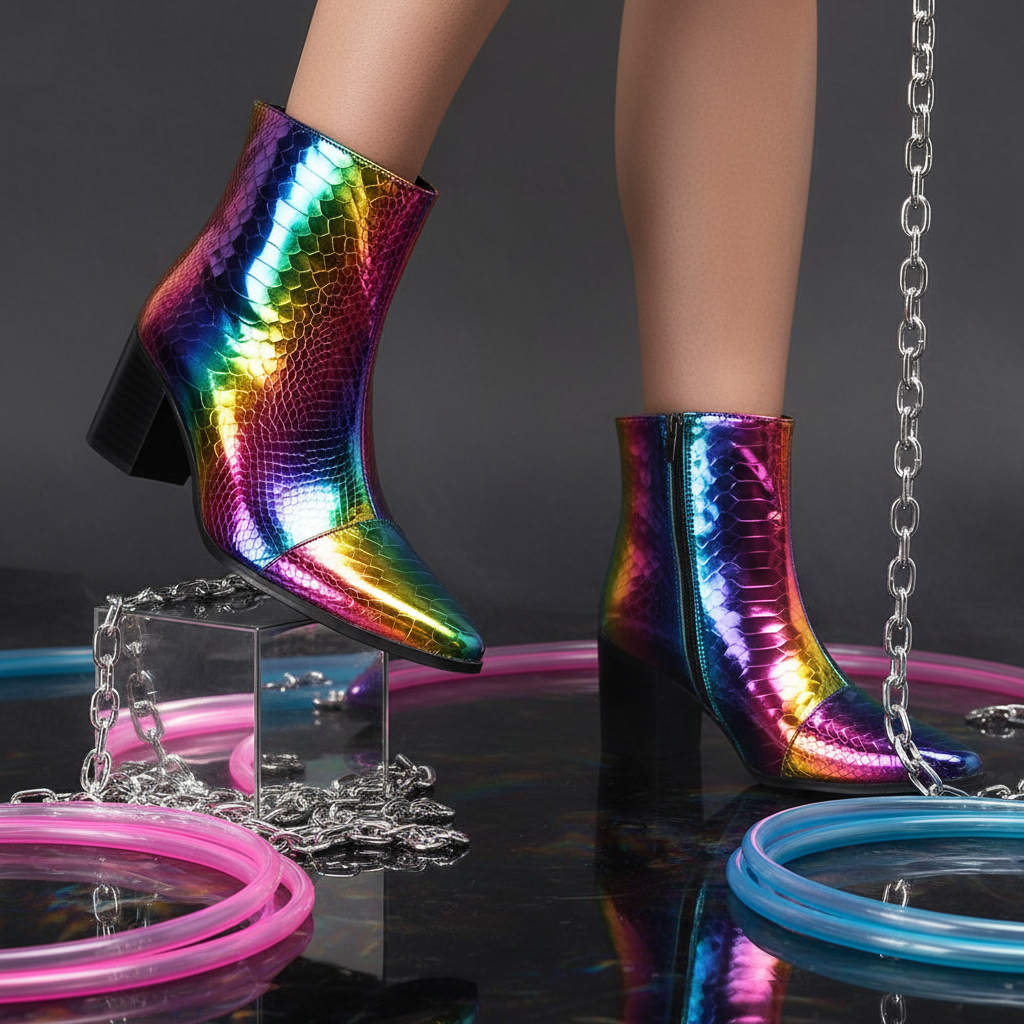 Rainbow snakeskin party boots with chunky block heels, flaunted by a model on glossy black