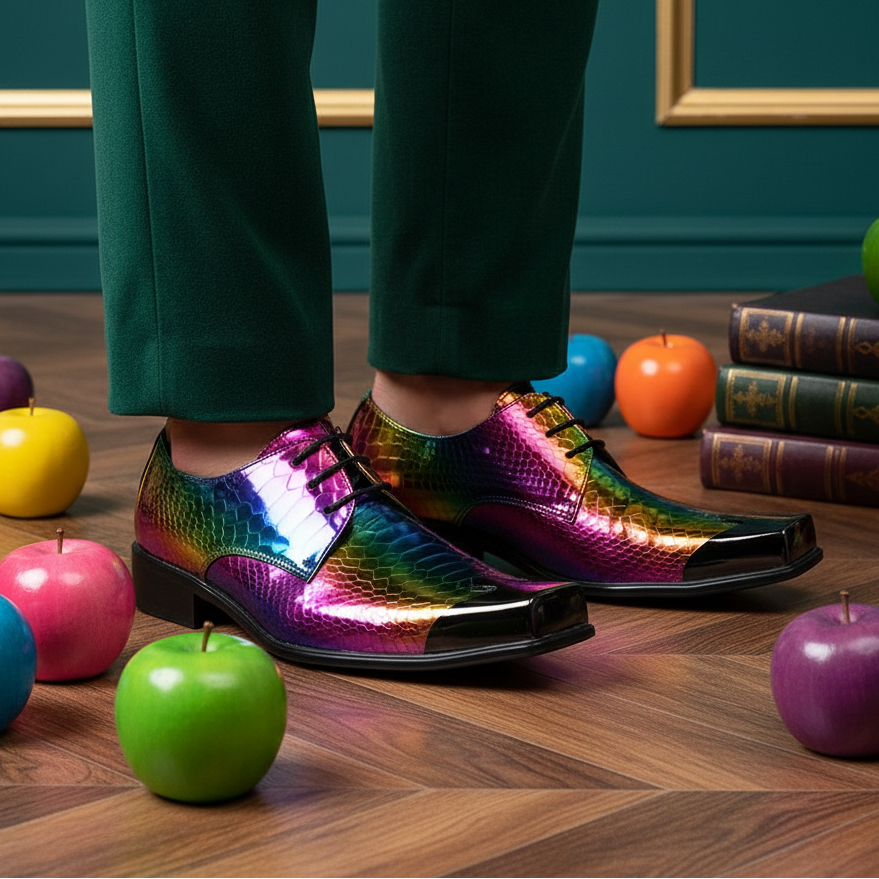 Pair of rainbow snakeskin wingtip lace-up shoes worn with green trousers