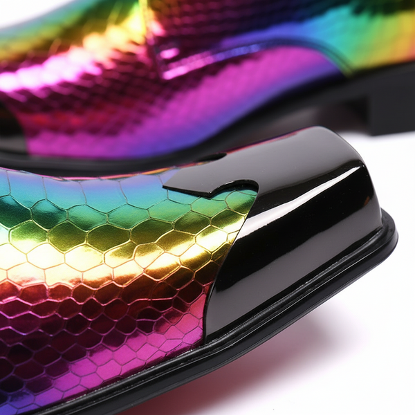 Close-up of a rainbow snakeskin-pattern dress shoe with glossy black wing-tip detailing