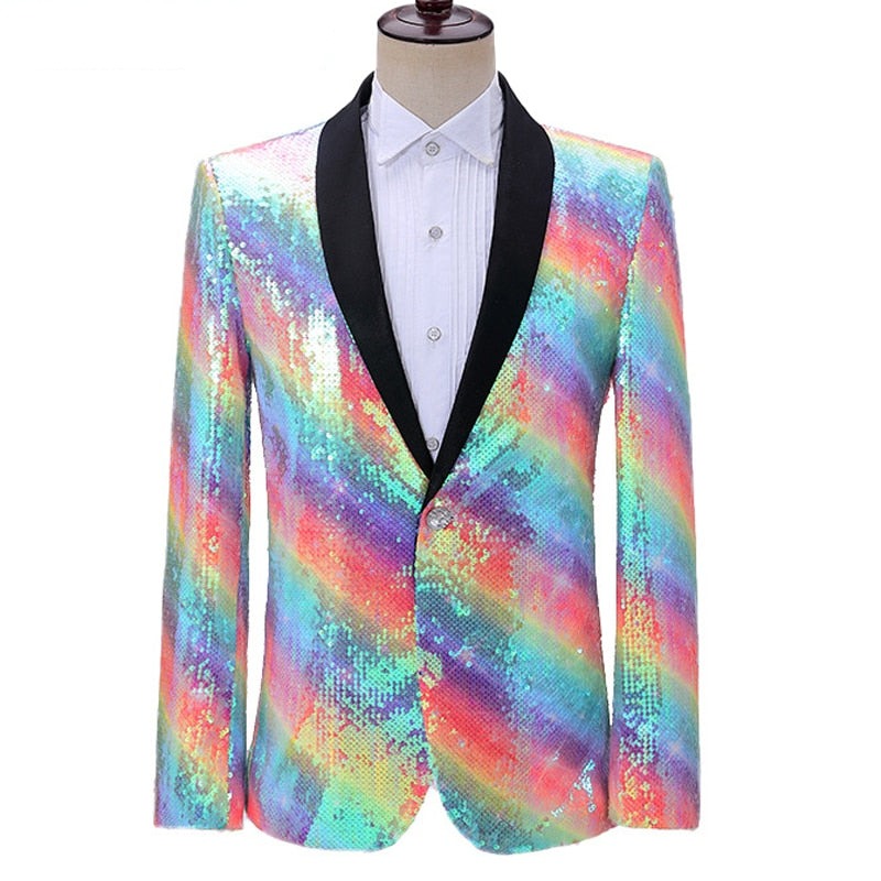Front view of a rainbow sequin jacket with black shawl lapels on a mannequin