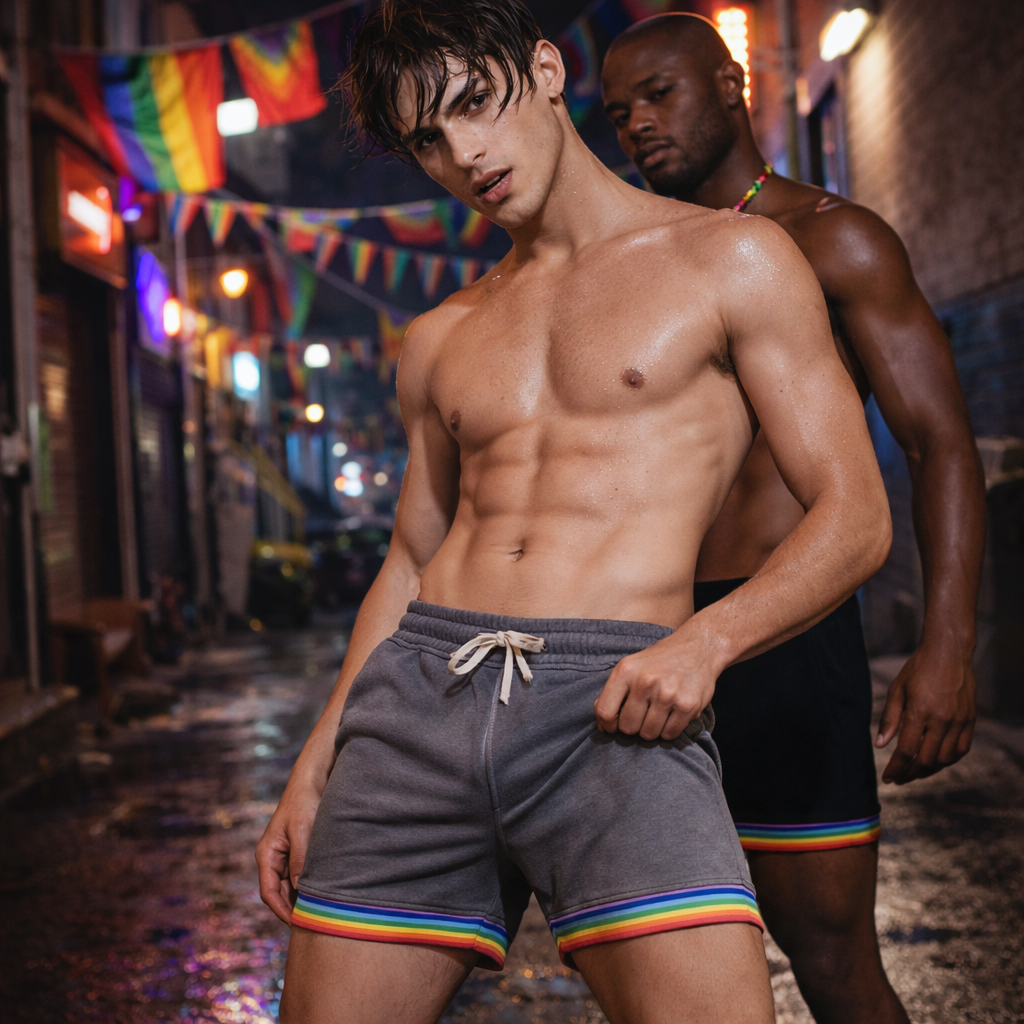 Shirtless model wearing gray drawstring shorts with rainbow-striped hems in a lit alley