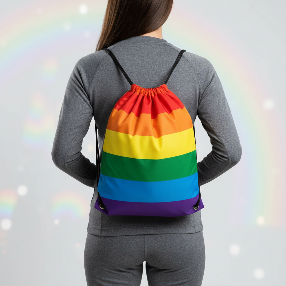 Back view of a person wearing a rainbow-striped drawstring backpack