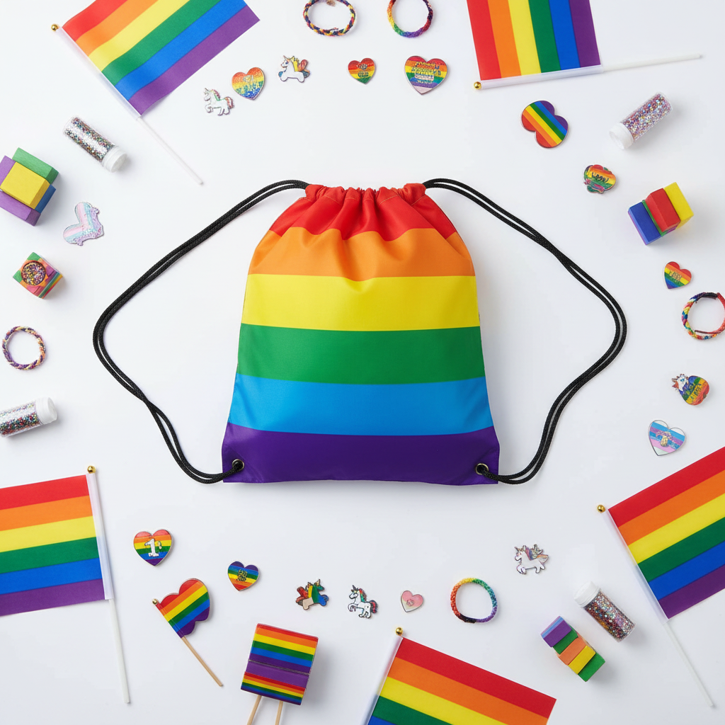 Rainbow Stride Drawstring Backpack, bright and bold for Pride; ringed by mini Pride flags, pins, unicorn and heart stickers