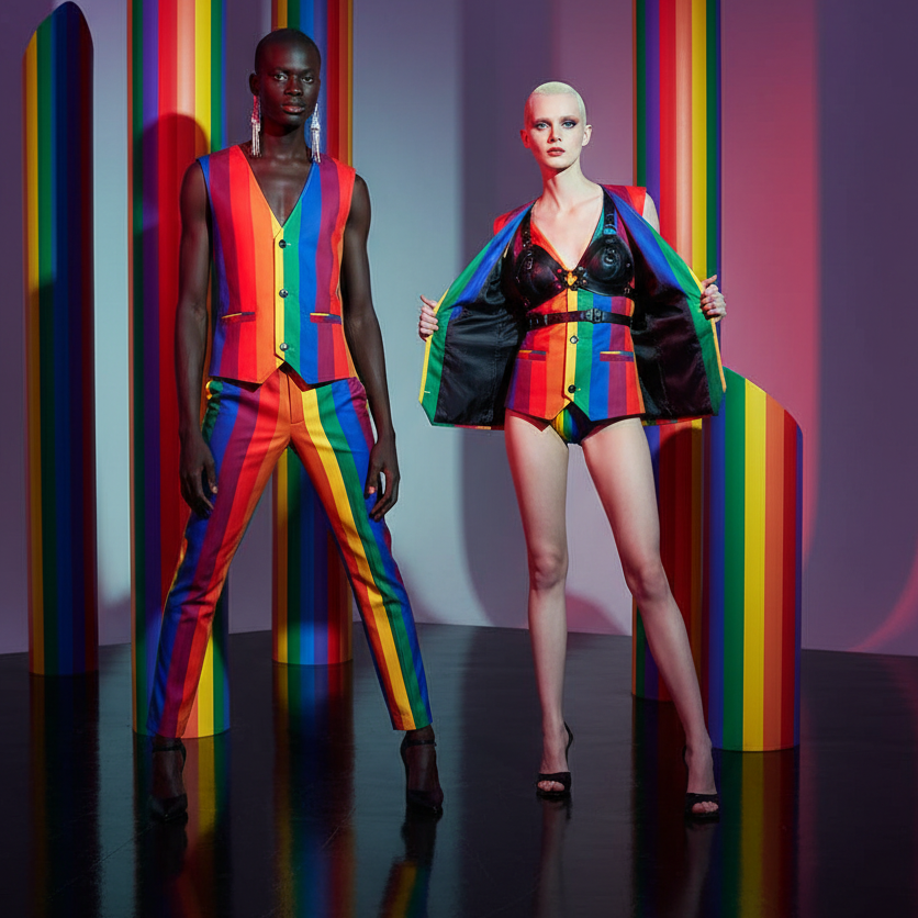 Two models pose in rainbow-striped vests; the right model opens a black-lined jacket to show a deep V neckline.
