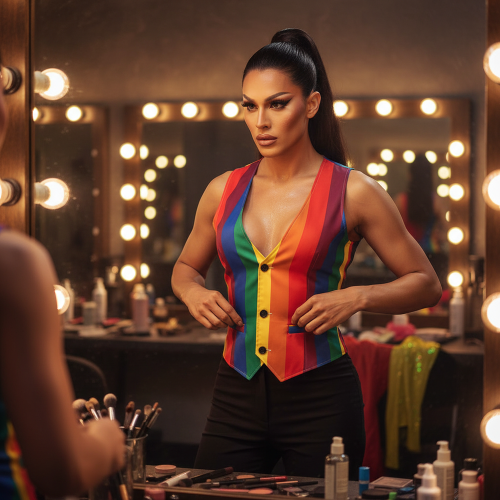 Model wearing a rainbow-striped deep V-neck vest with black buttons in a lit dressing room