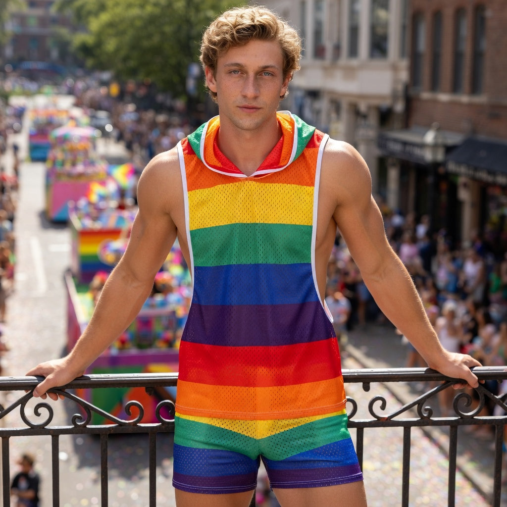 Person on balcony in a Rainbow Striped Hooded Tank Top Shorts Set