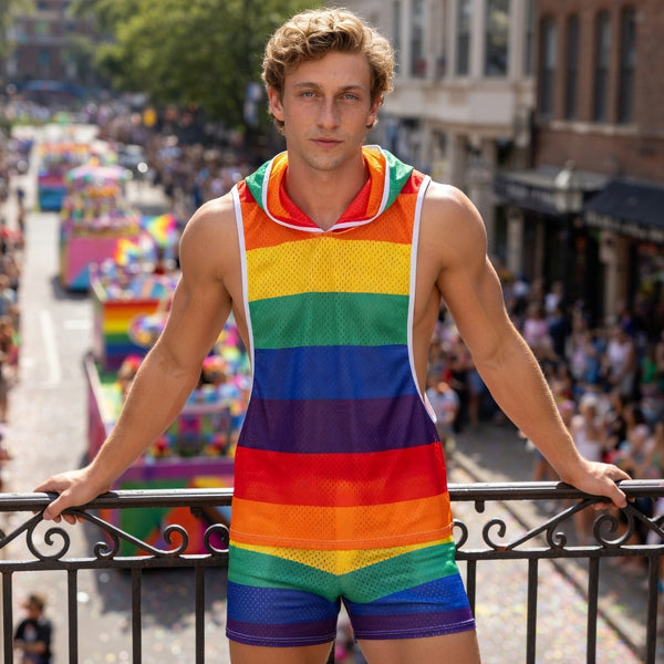 Person on balcony in a Rainbow Striped Hooded Tank Top Shorts Set