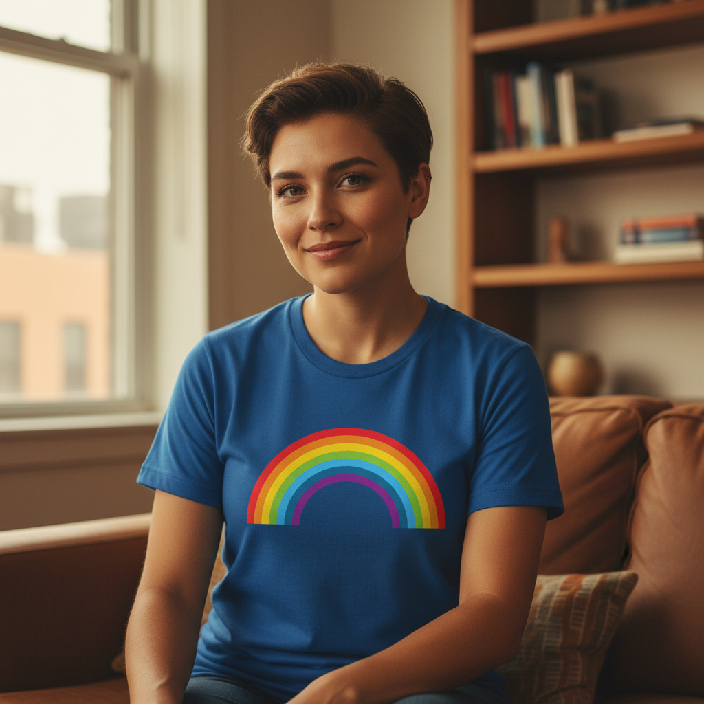 Rainbow T-Shirt on a person with short brown hair, lounging on a brown couch in a sunlit queer-friendly living room