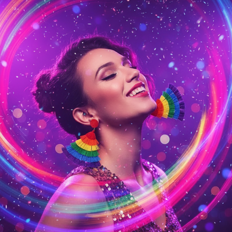 Smiling person in profile wearing rainbow fan-shaped tassel earrings