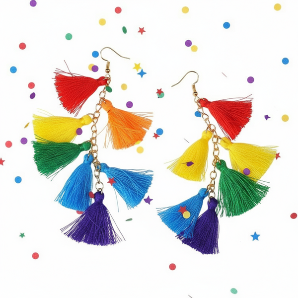 Pair of rainbow tassel drop earrings arranged on a confetti-covered white background