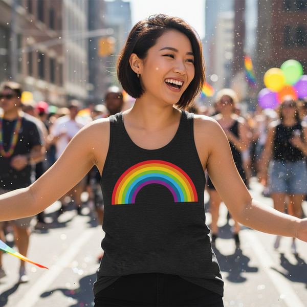 Rainbow Unisex Tank Top with vibrant rainbow print, worn by a smiling person at Pride on a sunny city street