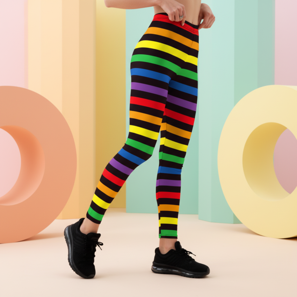 Model wearing black-striped rainbow Pride leggings with colorful horizontal bands and black sneakers