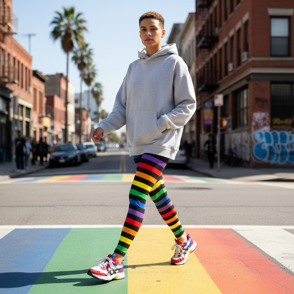 Model wearing rainbow-striped Pride leggings and a gray hoodie on a rainbow-painted city street