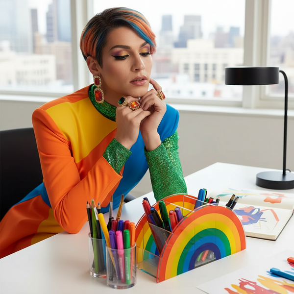 Rainbow-shaped stationery organizer filled with pens and pencils on a desk, with a seated person behind it