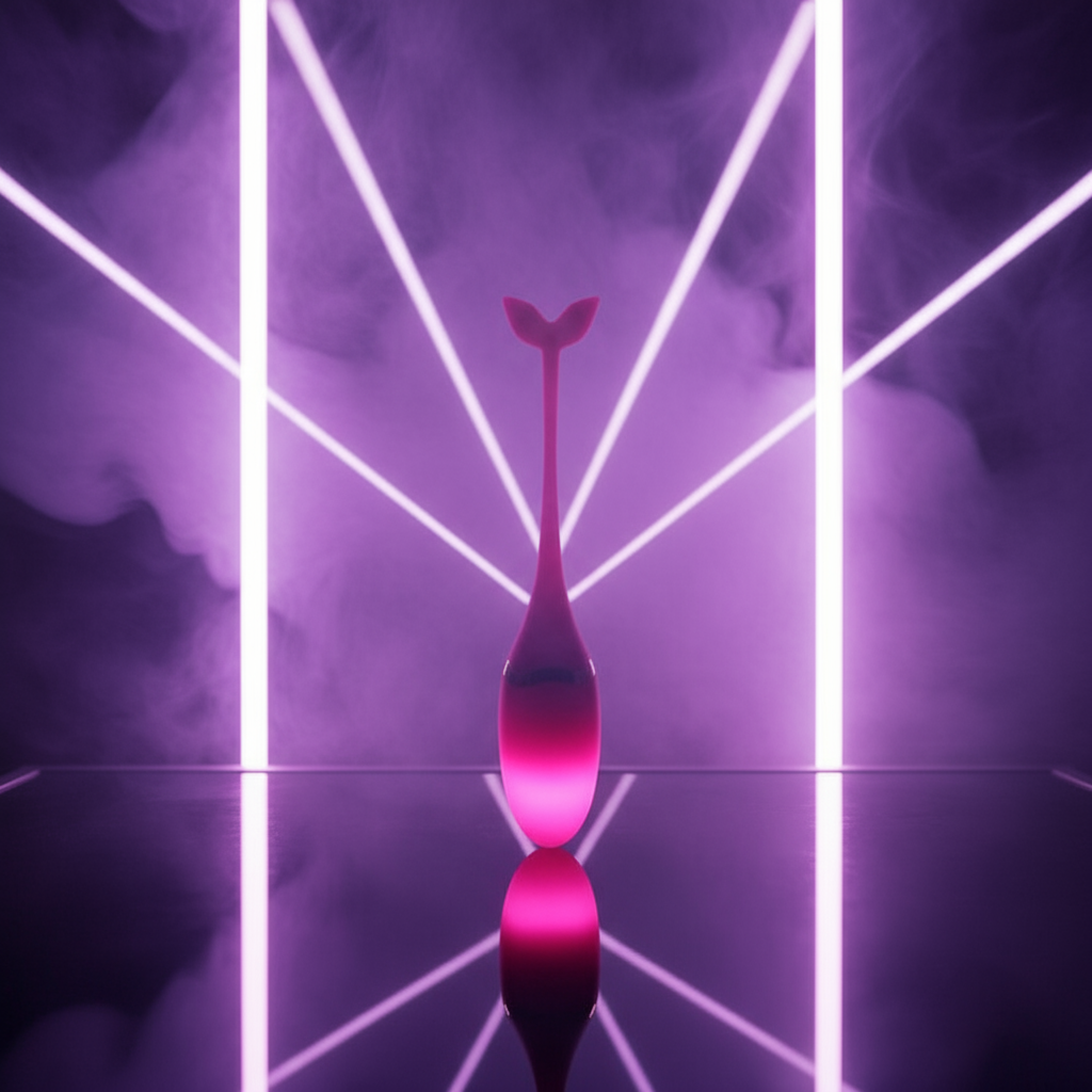 Pink whale-tail-shaped kegel vibrator standing on a reflective surface in purple neon light