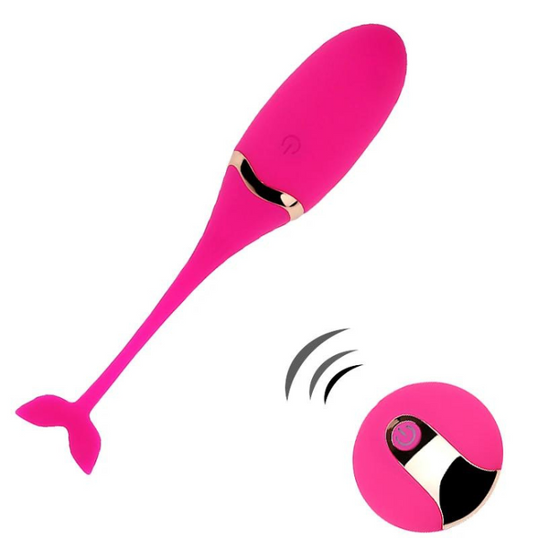 Pink remote-controlled kegel vibrator shown diagonally with a detached round remote below
