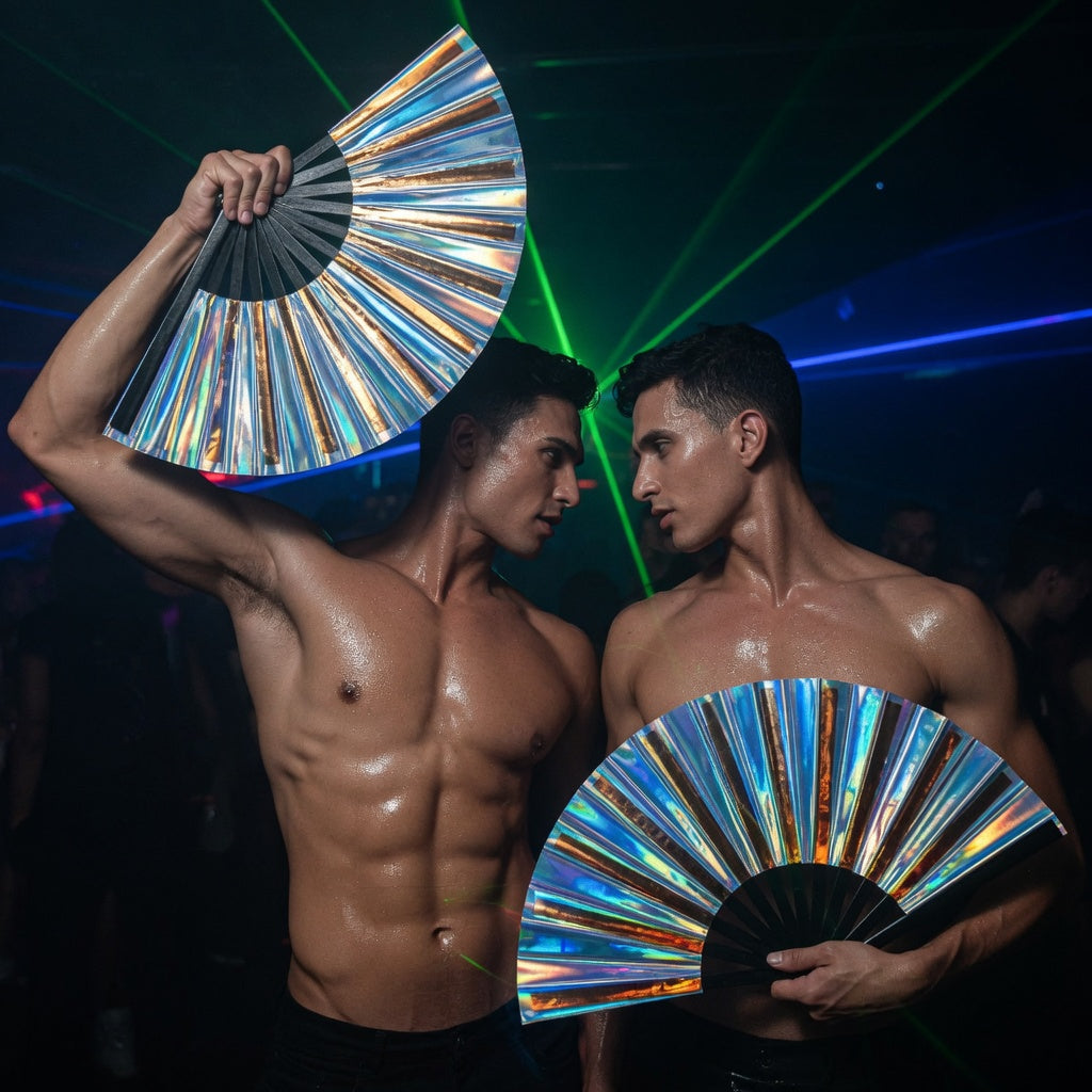 Two shirtless people hold shimmering blue-and-gold folding fans at a laser-lit club
