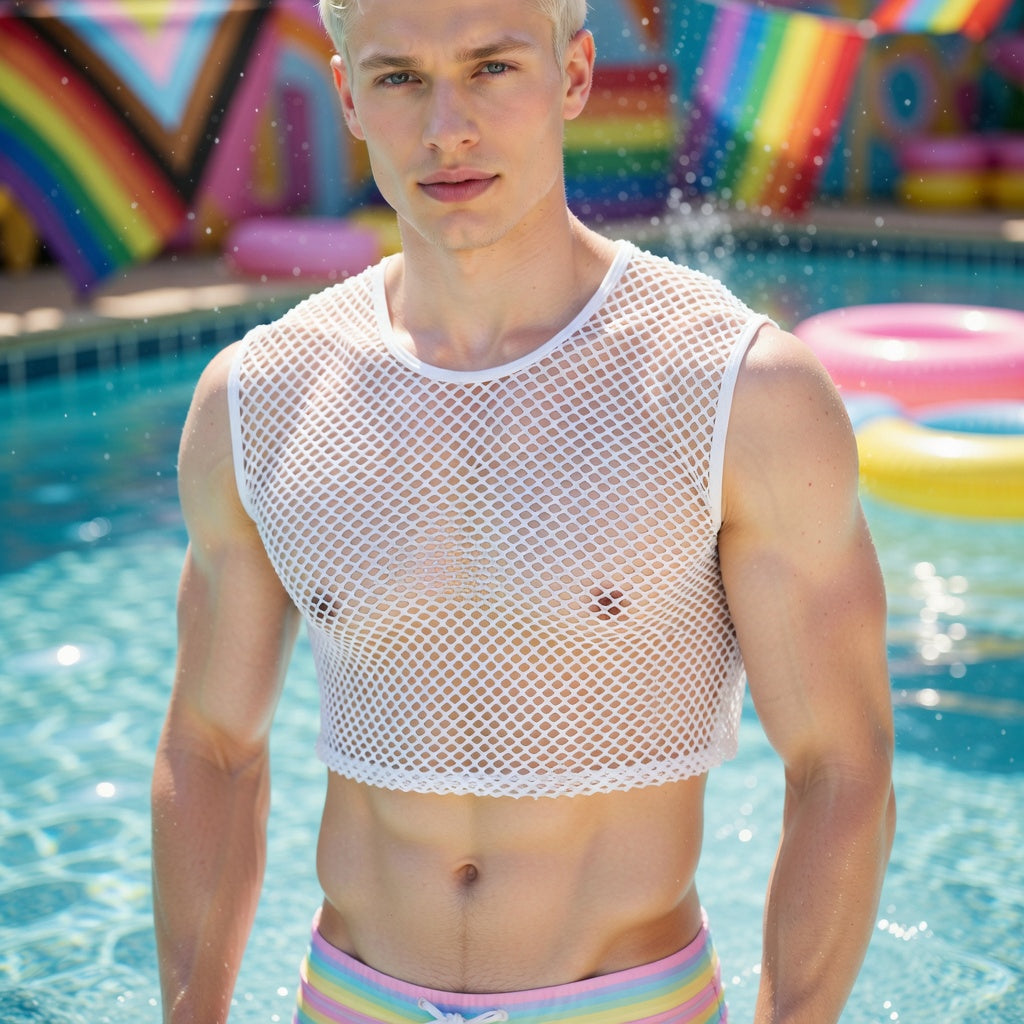 Mesh crop tank from the latest pride collection paired with pastel rainbow-striped swim trunks; poolside, with rainbow decor.