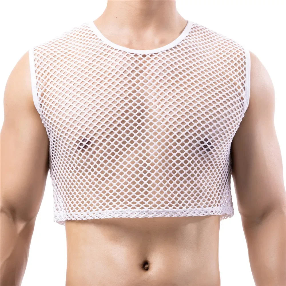 Front view of a white sleeveless netted crop tank worn by a model