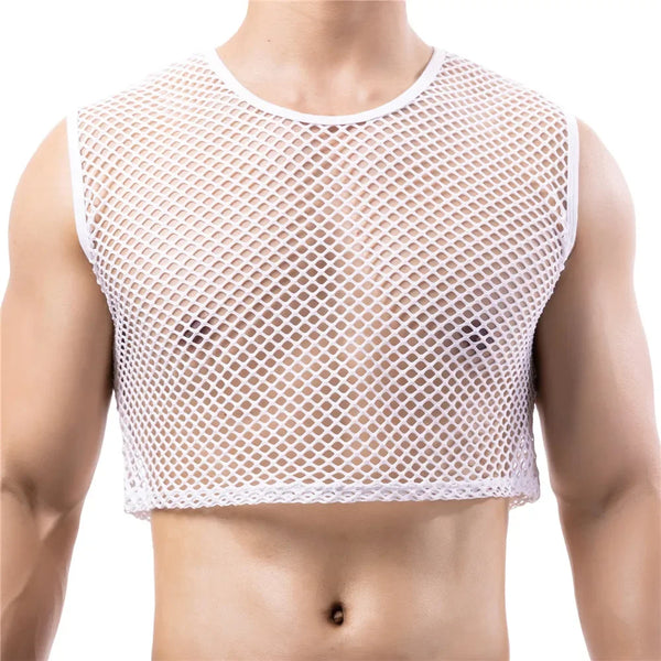 Front view of a white sleeveless netted crop tank worn by a model