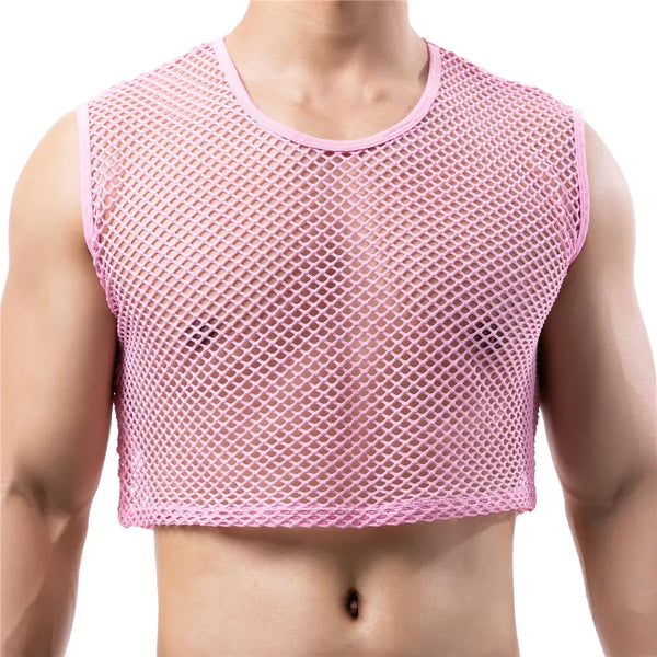 Front close-up of a pink sleeveless netted crop tank on a model