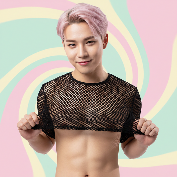 Front-facing model with pastel-pink hair wears a black fishnet crop top, holding its hem outward