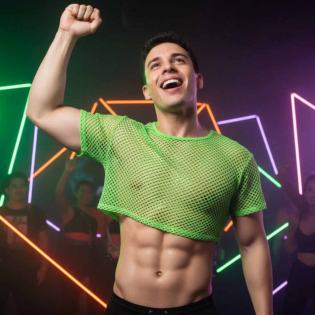 Person dancing in a bright green fishnet crop top at a neon-lit club