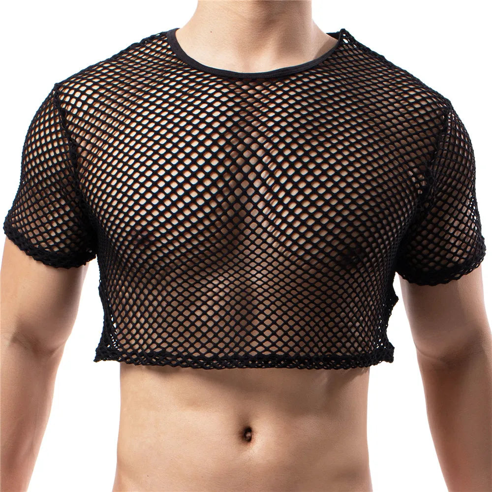 Front view of a model wearing a black short-sleeve fishnet crop top