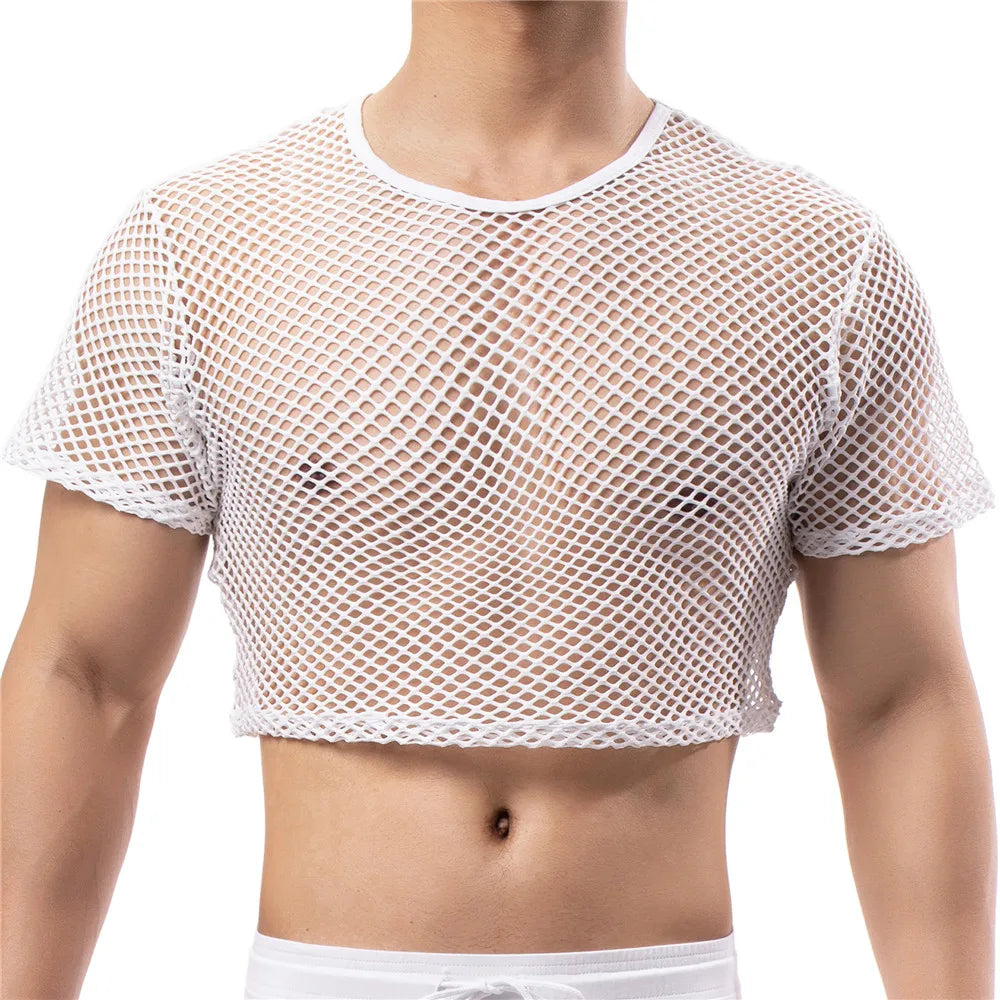 Front view of a model wearing a white short-sleeved netted crop top