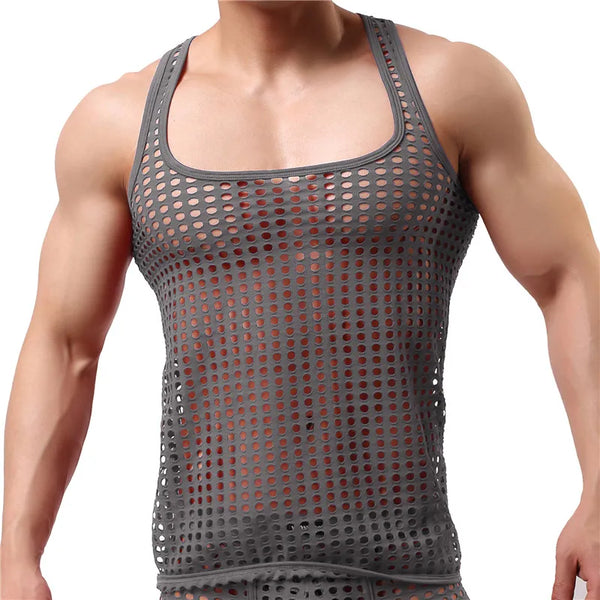 Front view of a muscular model wearing a black perforated mesh tank top