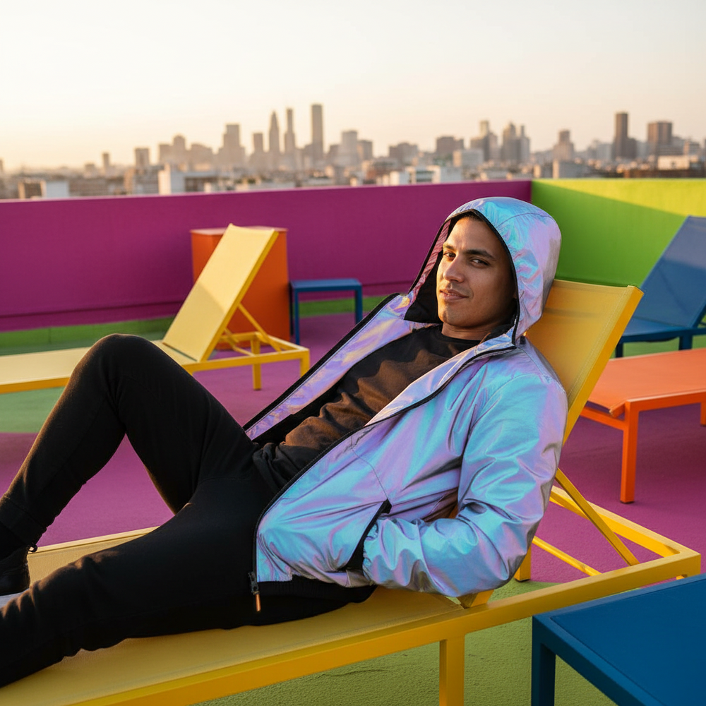 Person reclining in a shimmering iridescent hooded jacket on a colorful rooftop