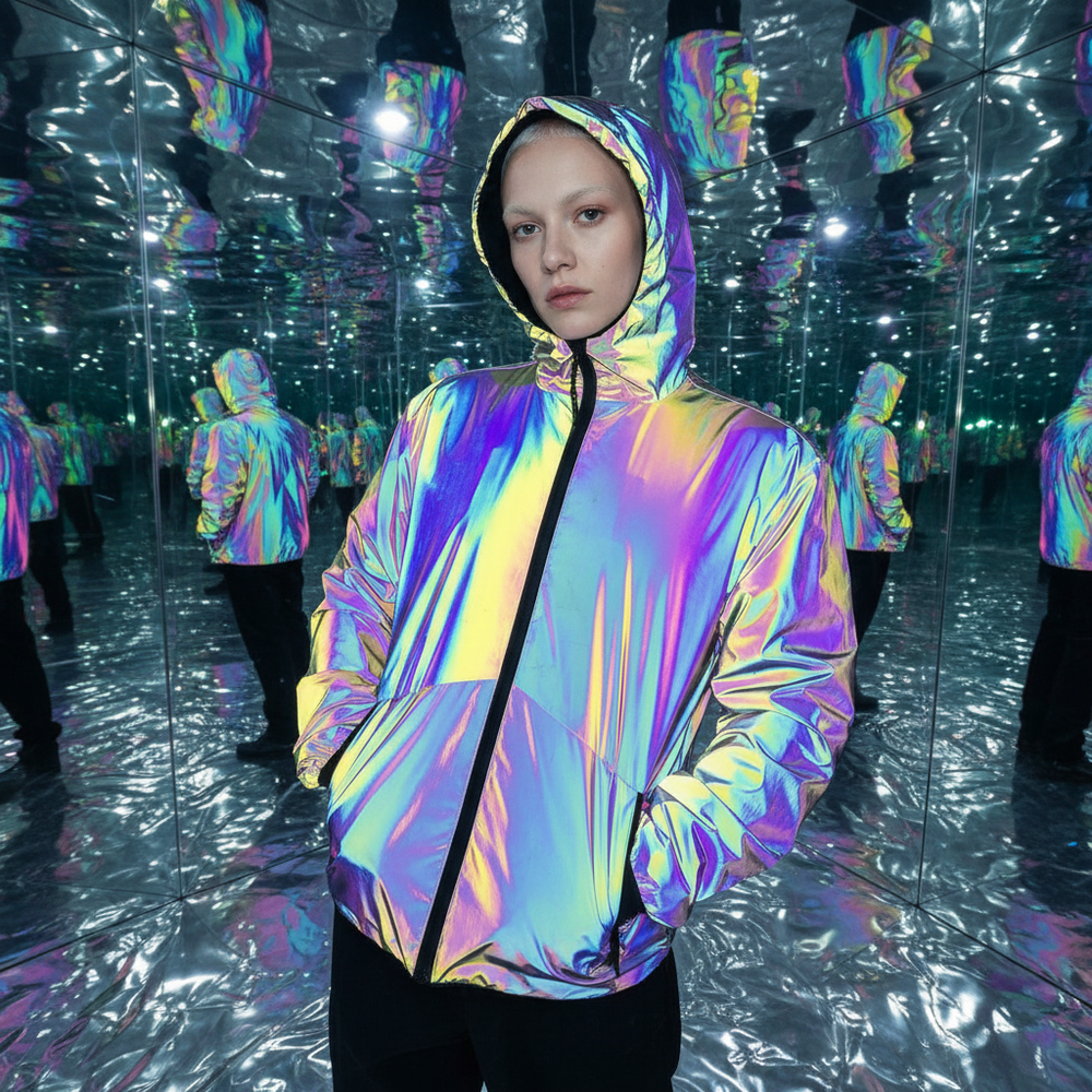 Model wearing a multicolored iridescent hooded jacket in a mirrored room