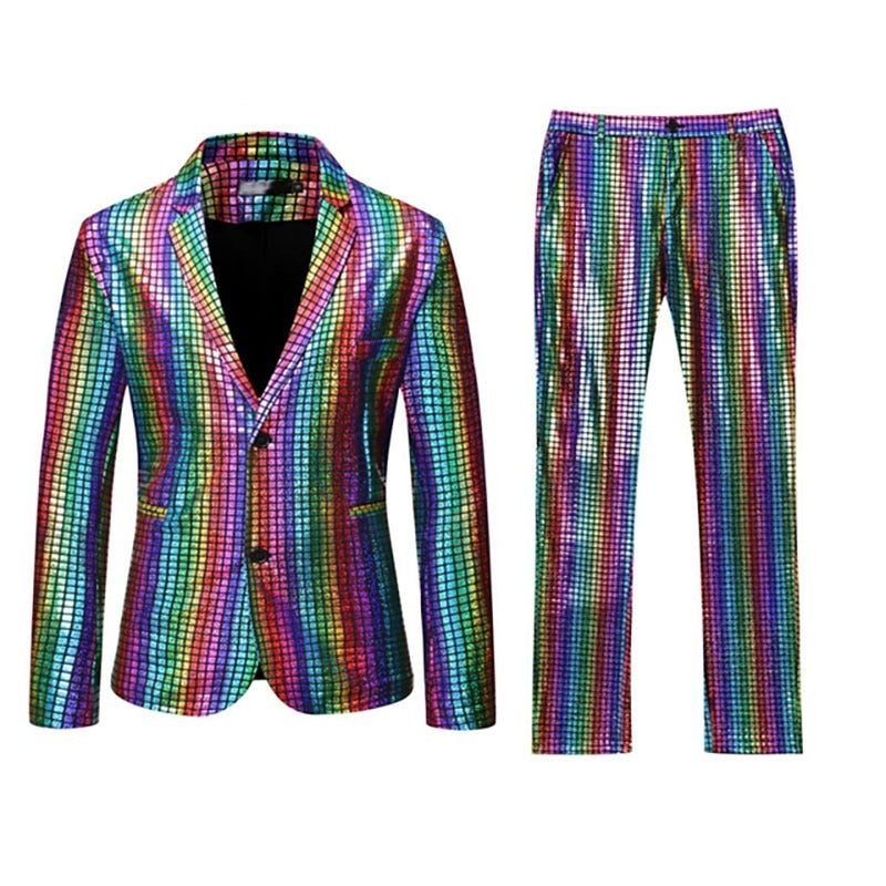 Rainbow checkered blazer and matching straight-leg trousers displayed side by side