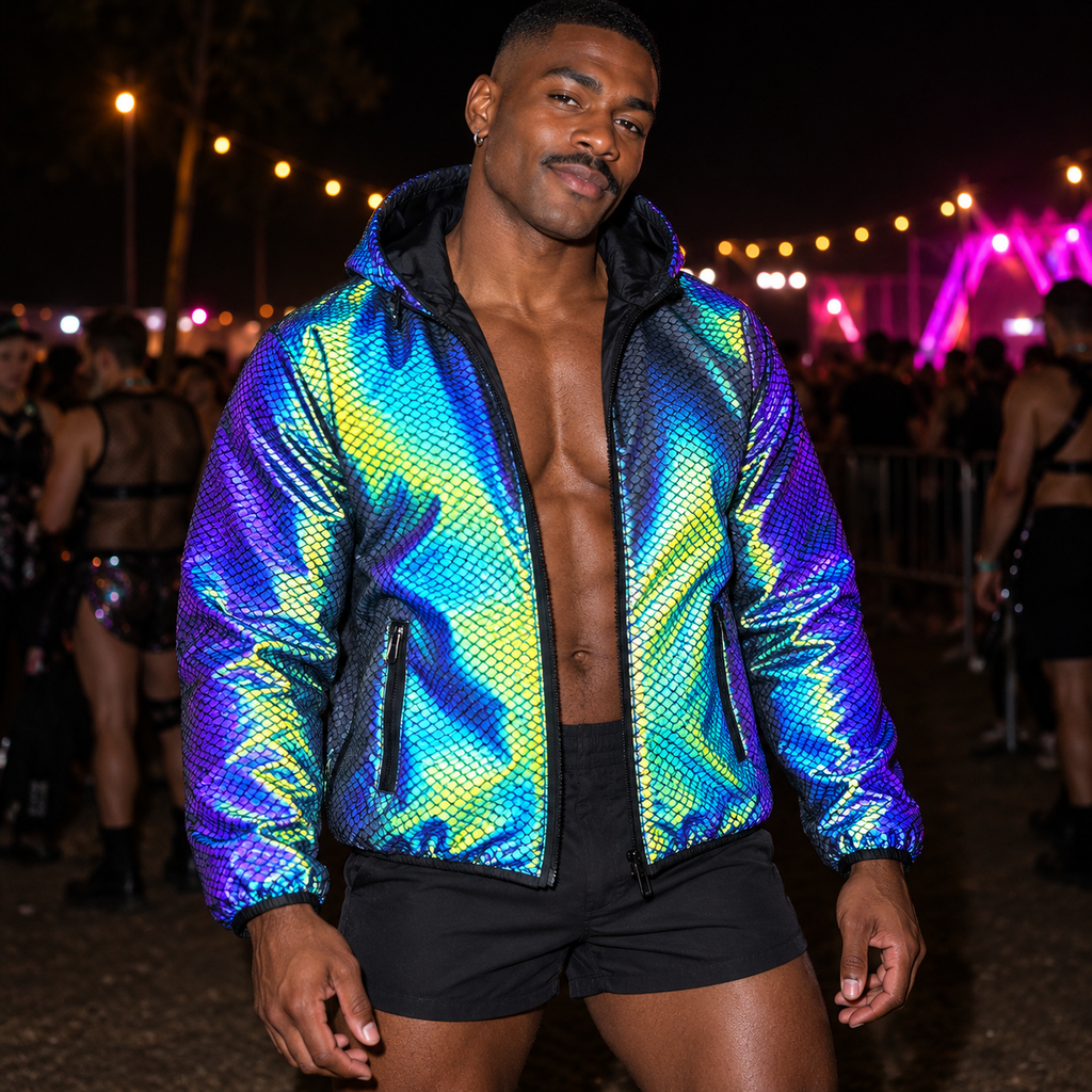 Adult model wearing the Rave Radiance Reflective Hooded Jacket open at a night festival, showing vivid rainbow reflections under camera flash. editorial.